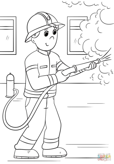 A brave cartoon firefighter in uniform and helmet uses a hose to spray water on a fire, with smoke billowing around a window.