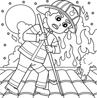 Black and white cartoon firefighter battling a roof fire. Wearing a helmet and holding a tool, they combat flames and smoke under stars.
