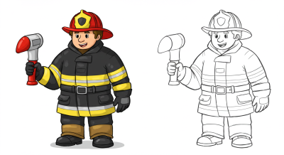 A cheerful cartoon firefighter in uniform and a red helmet, holding a Halligan tool, depicted in both color and line art.