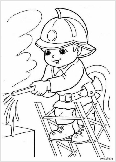 Adorable cartoon firefighter on a ladder holding a hose to extinguish a fire, promoting fire safety for kids.