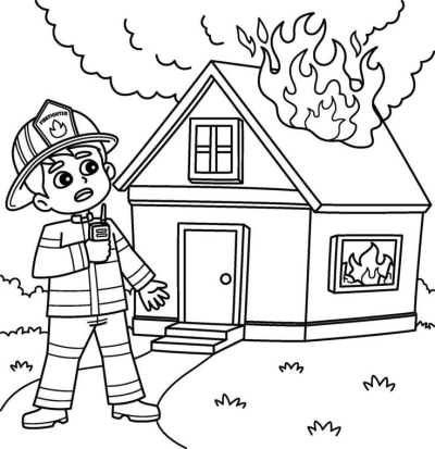 Black and white cartoon drawing of a firefighter holding a radio, reacting to a house engulfed in flames from its roof and window.