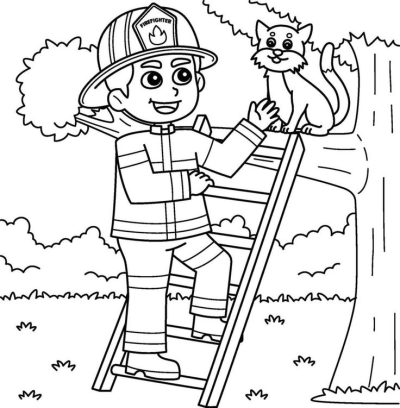 A smiling cartoon firefighter climbs a ladder towards a cat sitting in a tree. This line art illustration depicts a classic rescue scenario.