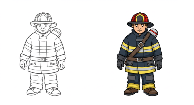 A friendly cartoon firefighter in a full uniform outfit, shown as a black-and-white outline and a vibrant colored illustration.