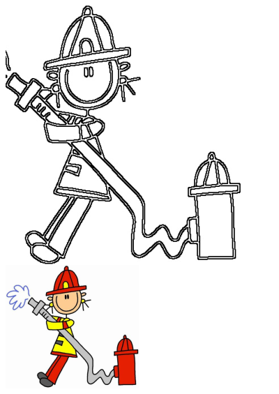 A cheerful cartoon firefighter, wearing a helmet and uniform, operates a fire hose connected to a hydrant, ready to fight fires.