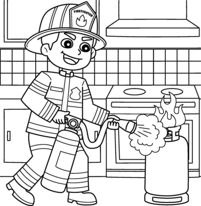 Cartoon firefighter bravely extinguishes a kitchen fire on a gas cylinder using a foam extinguisher near a stove and hood.