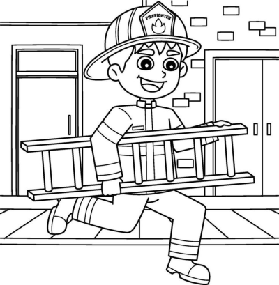 A cheerful cartoon firefighter in uniform runs swiftly with a ladder. This outline drawing shows the hero in action, perfect for kids.