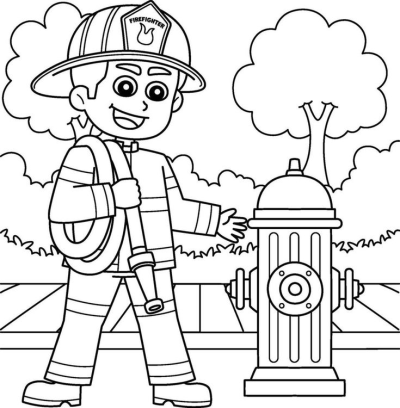 Smiling cartoon firefighter holding a coiled hose and standing next to a fire hydrant illustration, ready for action.