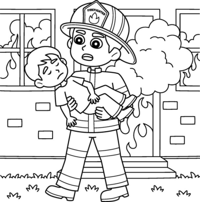 Brave firefighter rescuing a child from a burning house, with visible flames and smoke, depicting a heroic emergency rescue.