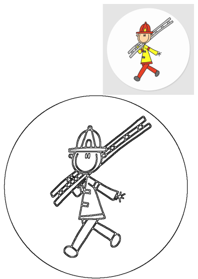 A simple outline illustration of a firefighter wearing a helmet and carrying a ladder, with a small colored example, perfect for kids' activities.