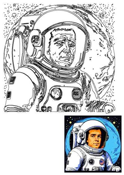 Detailed line art drawing of an astronaut portrait, showing their face in a helmet, with the Earth's outline and stars in the background.