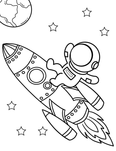 Black and white clipart illustration of an astronaut riding a rocket through space, with Earth and stars visible.