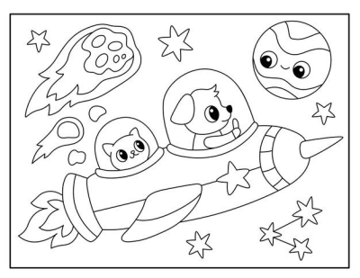 Cute dog and cat astronauts in a rocket, exploring space with a friendly planet, comet, and stars.