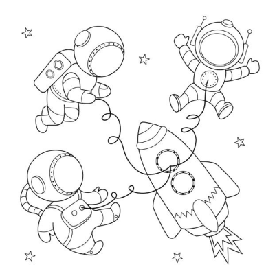 Outline illustration featuring four adorable cartoon astronauts floating around a rocket ship with stars in outer space.