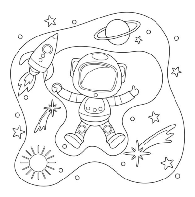 Cute cartoon astronaut floating in outer space with a rocket, ringed planet, shining sun, and various stars.
