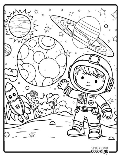A cute astronaut in a space suit stands on a planet surface with a rocket, the Sun, Saturn, and other planets and stars.