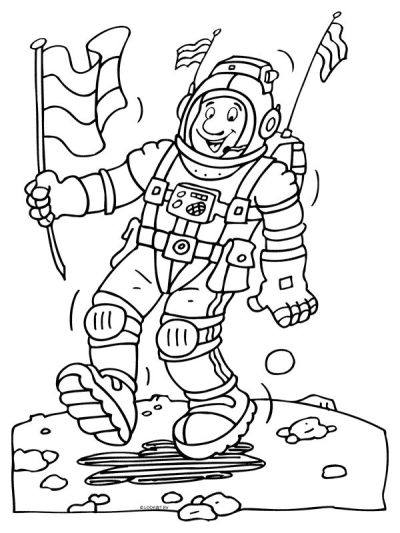 A friendly cartoon astronaut, smiling in a spacesuit, proudly plants multiple flags on the rugged lunar surface, symbolizing space exploration.