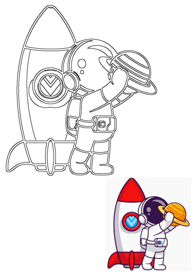 A cute cartoon astronaut in a spacesuit holding a ringed planet like Saturn, standing next to a space rocket.