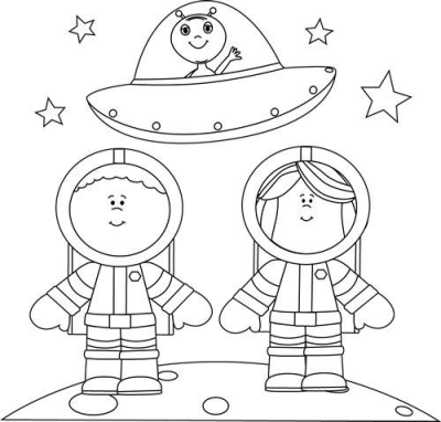 Two friendly astronauts, a boy and a girl, stand on a moon surface with a cute alien waving from a spaceship and stars in outer space.