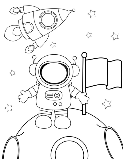 Outline of a cartoon astronaut standing on the moon holding a flag, with a rocket flying above amongst the stars.