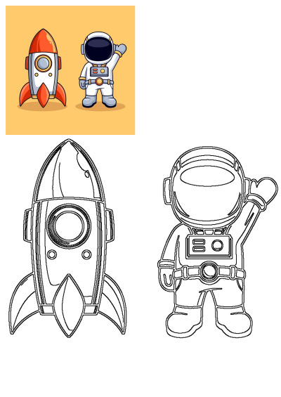 An endearing cartoon astronaut in a white suit waves beside a sleek red and white rocket. Includes both vibrant color and clean outline versions.
