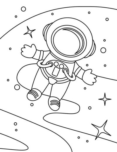 Outline drawing of a cute cartoon astronaut floating peacefully in outer space, surrounded by stars and cosmic elements.