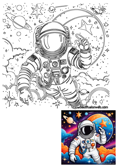 Astronaut in a spacesuit pointing through a cosmic scene with planets, sparkling stars, and colorful nebulae in deep outer space.