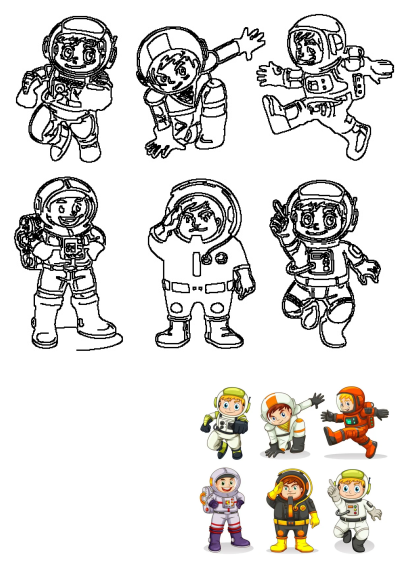 A collection of cartoon astronauts in various poses, featuring both black and white line art and vibrant colored illustrations, ready for space adventures.