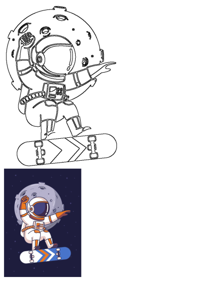 An astronaut skateboards across the cosmos with the moon in the background, a unique space adventure illustration.