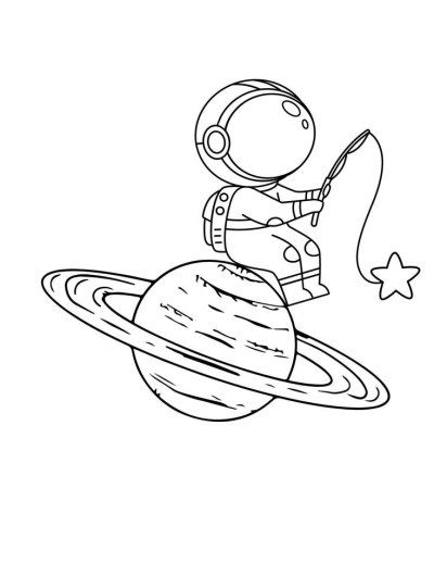 Whimsical black and white line art illustration featuring an astronaut fishing a star while sitting on planet Saturn.