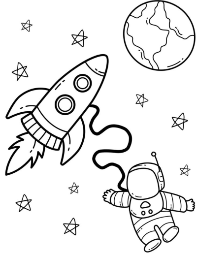 An outline drawing for a space adventure, showing an astronaut floating near a rocket with Earth and stars in the cosmic background.