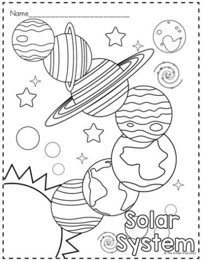 Detailed outline of the solar system featuring planets like Saturn and Earth, stars, and a sun. Ideal for outer space exploration.