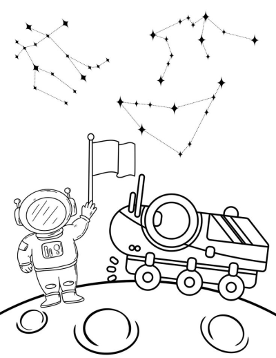 An astronaut stands on the moon with a rover and a flag, under a sky with constellations, in this outline illustration.