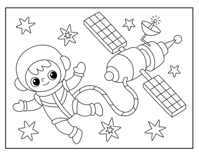 Line art of a happy cartoon astronaut floating in space with a space station and many stars. Great for kids' space themes.