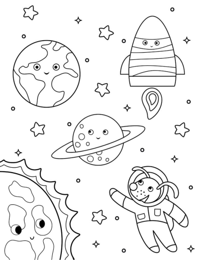 Cute dog astronaut floating with happy planets Earth, Saturn, Sun, a rocket, and stars in an adorable space outline drawing.