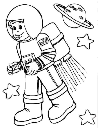 A smiling cartoon astronaut with a US flag patch and jetpack explores outer space, accompanied by a ringed planet and stars.