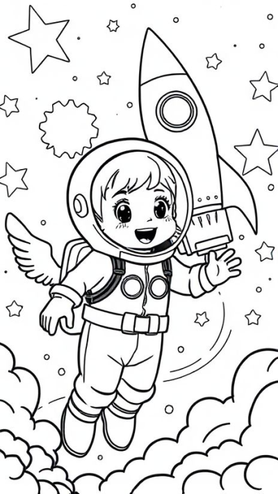 A happy cute astronaut girl in a space suit flies through space with a rocket and stars, depicted in a charming outline drawing.