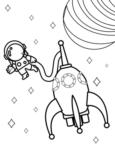 Outline drawing of an astronaut tethered to a rocket in space, with a striped planet and scattered stars.