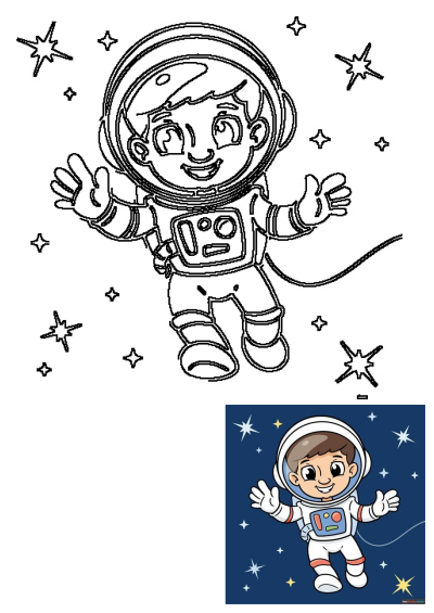 Happy cartoon astronaut illustration floating in space among stars, with a friendly smile, perfect for kids' space themes.