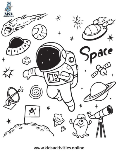 Detailed black and white illustration of an astronaut floating in space, surrounded by planets, stars, rockets, a UFO, telescope, and a friendly alien.
