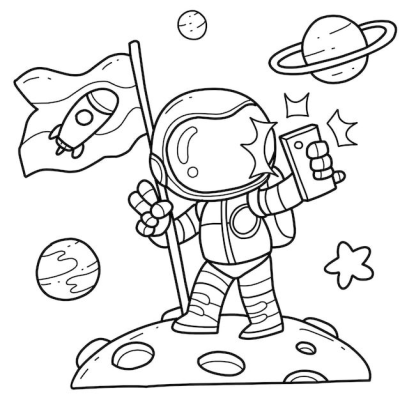 A cartoon astronaut stands on the moon, holding a flag with a rocket emblem and taking a selfie, with other planets in the background.