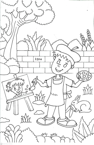 A happy artist in a beret painting a portrait of a smiling girl on an easel outdoors, with a rabbit and carrots in a nature scene illustration.