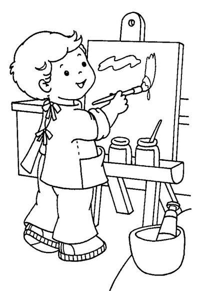 An adorable child artist happily painting on a canvas easel, creating art with a paintbrush and pots of paint.