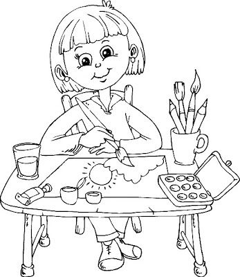 Young girl painting artwork with brushes and paints. She smiles while creating a sun drawing at a table with art supplies.