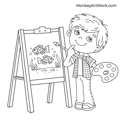 Outline art of a smiling boy painting two fish in an aquarium on an easel, holding a brush and palette.