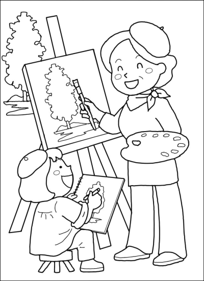 A smiling woman art teacher demonstrates painting a tree on an easel to a happy child student drawing in a sketchbook.