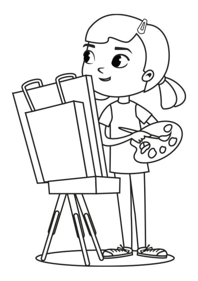 Outline drawing of a girl artist holding a palette and brush, standing by an easel with a canvas, ready to paint.