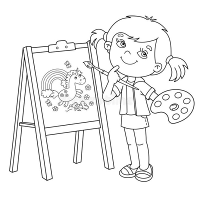 A happy cartoon girl paints a whimsical unicorn and rainbow scene with butterflies on an easel, holding a paintbrush and palette.