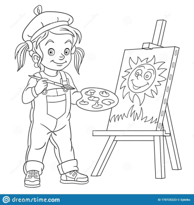 Black and white outline drawing of a happy little girl artist painting a smiling sun on an easel canvas, holding a palette and brush.