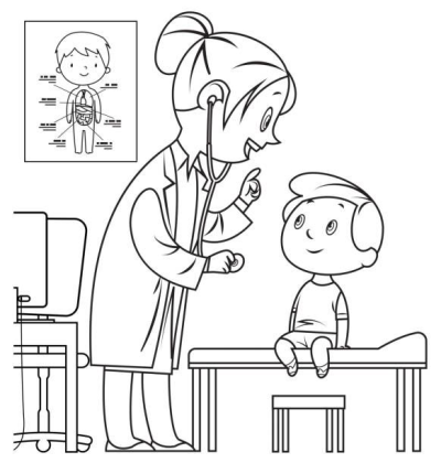 Black and white illustration featuring a friendly doctor examining a child patient on an exam table. A doctor listens with a stethoscope.
