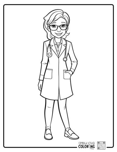 Black and white outline of a smiling cartoon woman doctor with glasses, a lab coat, and a stethoscope around her neck.